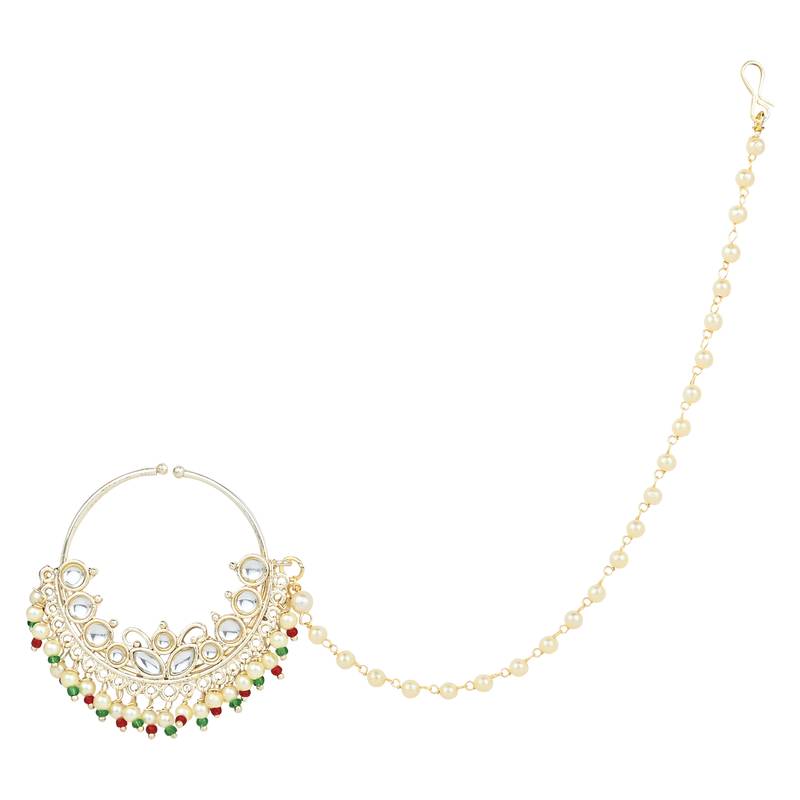 I Jewels Traditional Ethnic Bridal Nose Ring/Nath Without Piercing with Pearl Chain Encased with Pearl Stone