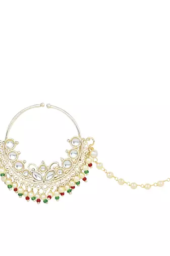 I Jewels Traditional Ethnic Bridal Nose Ring/Nath Without Piercing with Pearl Chain Encased with Pearl Stone