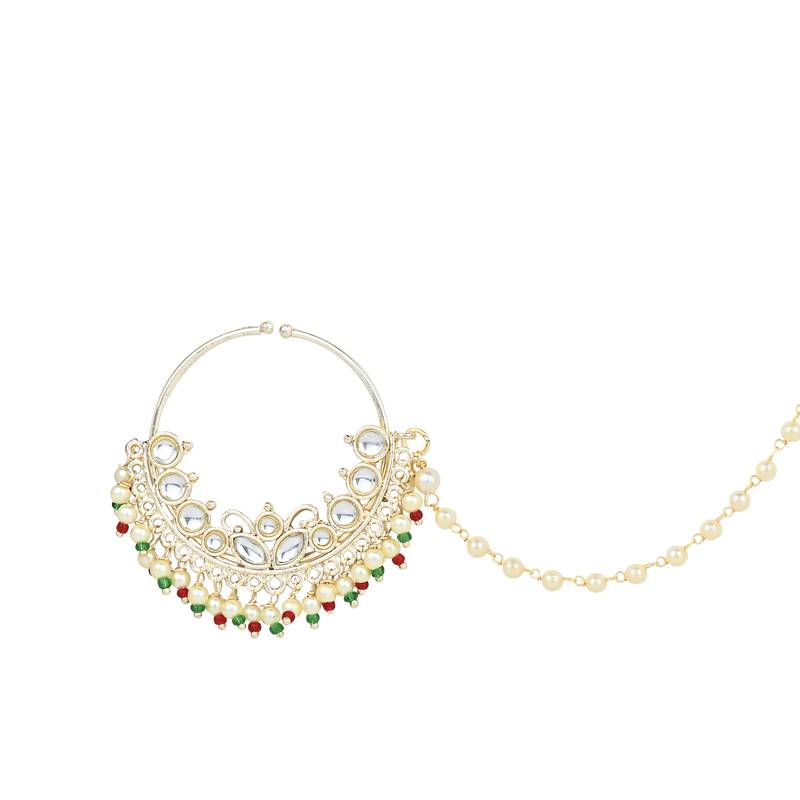 I Jewels Traditional Ethnic Bridal Nose Ring/Nath Without Piercing with Pearl Chain Encased with Pearl Stone