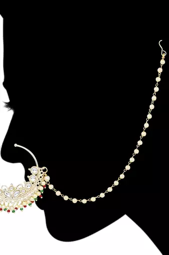 I Jewels Traditional Ethnic Bridal Nose Ring/Nath Without Piercing with Pearl Chain Encased with Pearl Stone