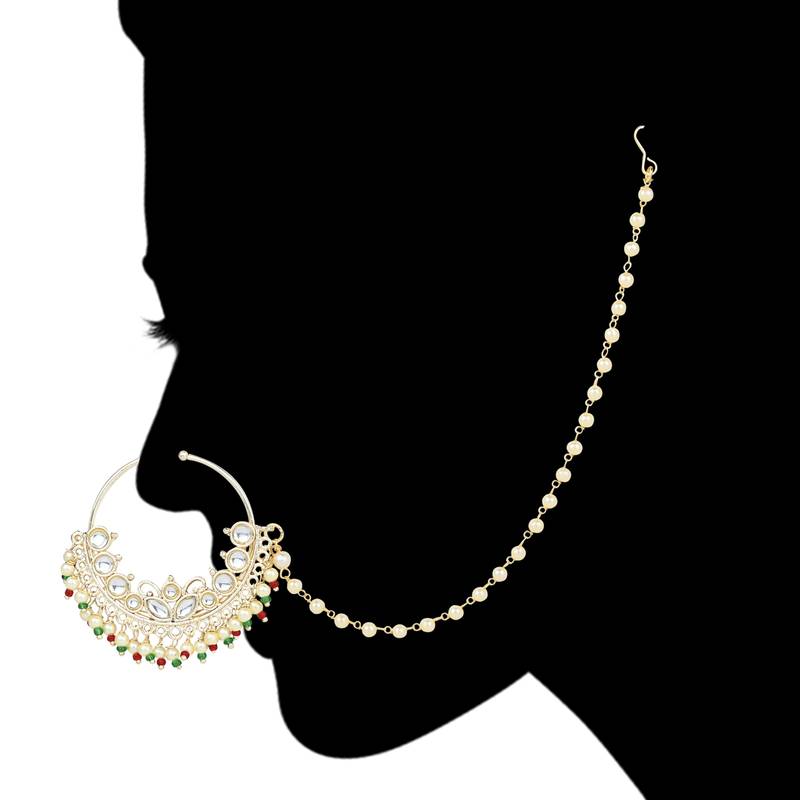 I Jewels Traditional Ethnic Bridal Nose Ring/Nath Without Piercing with Pearl Chain Encased with Pearl Stone
