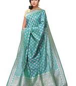 Teal hand_woven silk saree with blouse