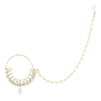 Traditional Ethnic Bridal Nose Ring/Nath Without Piercing with Pearl Chain Encased with Pearl Stone 1