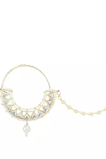 Traditional Ethnic Bridal Nose Ring/Nath Without Piercing with Pearl Chain Encased with Pearl Stone
