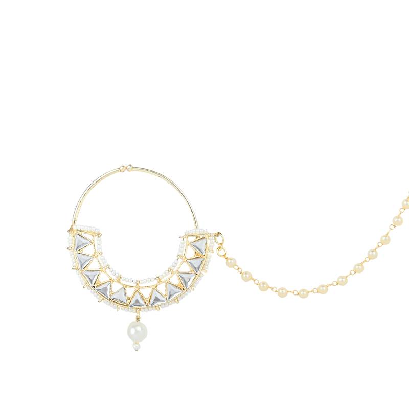 Traditional Ethnic Bridal Nose Ring/Nath Without Piercing with Pearl Chain Encased with Pearl Stone