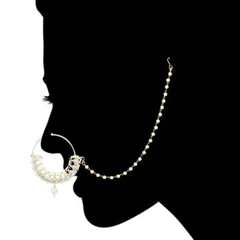 Traditional Ethnic Bridal Nose Ring/Nath Without Piercing with Pearl Chain Encased with Pearl Stone 3