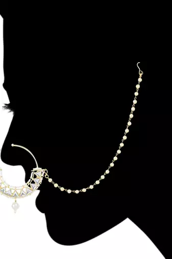 Traditional Ethnic Bridal Nose Ring/Nath Without Piercing with Pearl Chain Encased with Pearl Stone