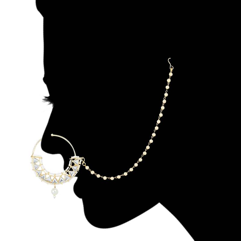 Traditional Ethnic Bridal Nose Ring/Nath Without Piercing with Pearl Chain Encased with Pearl Stone