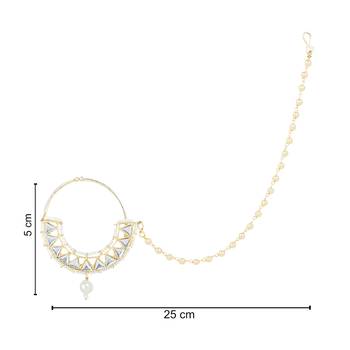Traditional Ethnic Bridal Nose Ring/Nath Without Piercing with Pearl Chain Encased with Pearl Stone 4