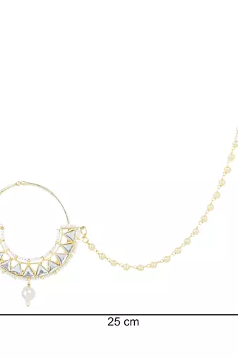 Traditional Ethnic Bridal Nose Ring/Nath Without Piercing with Pearl Chain Encased with Pearl Stone