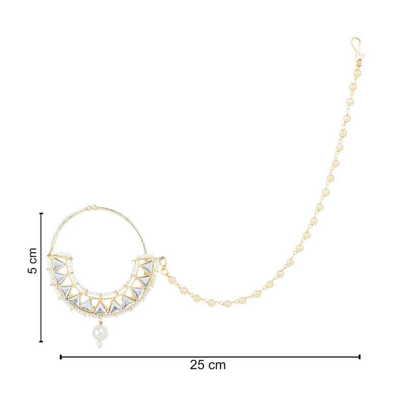 Traditional Ethnic Bridal Nose Ring/Nath Without Piercing with Pearl Chain Encased with Pearl Stone