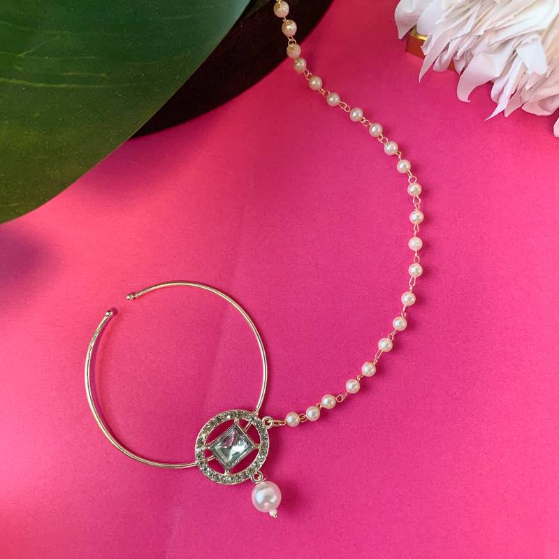 White Alloy Gold Plated Pearl Embellished Nath Nose Ring