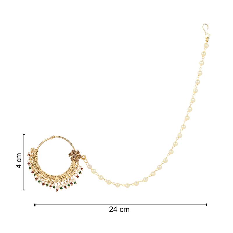 Traditional Ethnic Bridal Nose Ring/Nath Without Piercing with Pearl Chain Encased with Pearl Stone