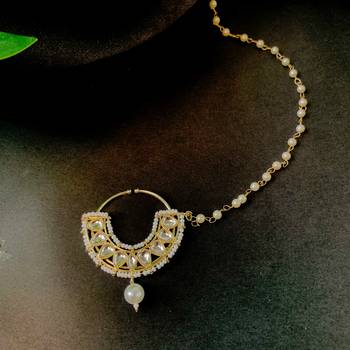 Traditional Ethnic Bridal Nose Ring/Nath Without Piercing with Pearl Chain Encased with Pearl Stone 1