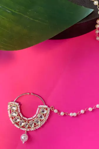 Traditional Ethnic Bridal Nose Ring/Nath Without Piercing with Pearl Chain Encased with Pearl Stone