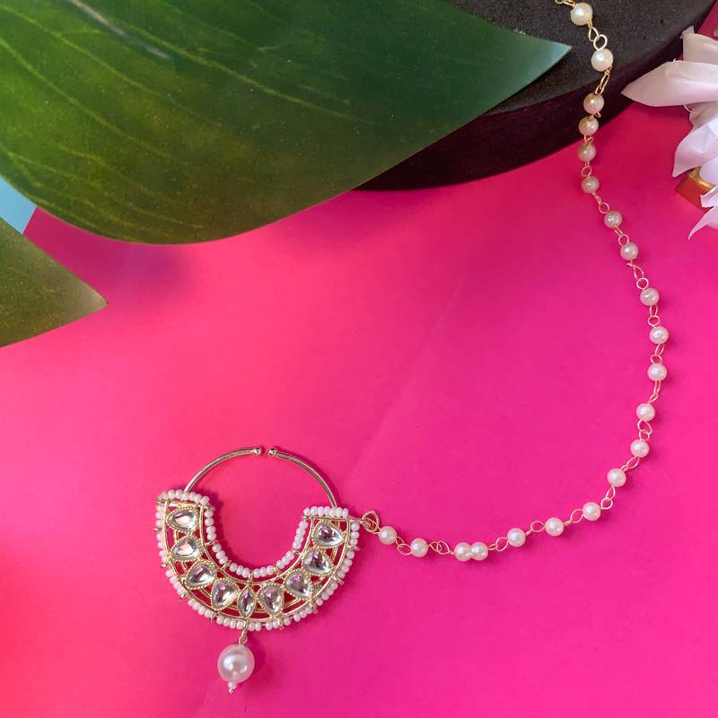 Traditional Ethnic Bridal Nose Ring/Nath Without Piercing with Pearl Chain Encased with Pearl Stone