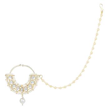 Traditional Ethnic Bridal Nose Ring/Nath Without Piercing with Pearl Chain Encased with Pearl Stone 3