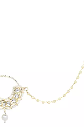 Traditional Ethnic Bridal Nose Ring/Nath Without Piercing with Pearl Chain Encased with Pearl Stone