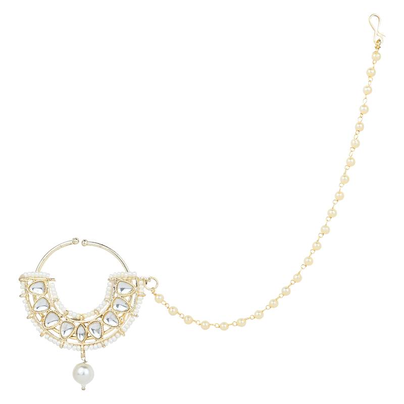 Traditional Ethnic Bridal Nose Ring/Nath Without Piercing with Pearl Chain Encased with Pearl Stone
