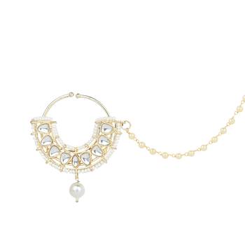 Traditional Ethnic Bridal Nose Ring/Nath Without Piercing with Pearl Chain Encased with Pearl Stone 4