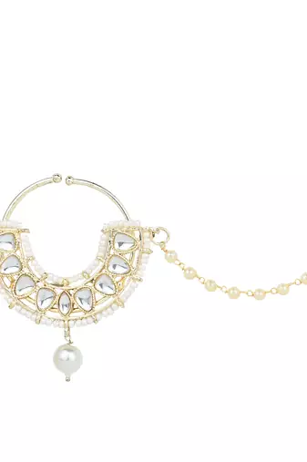 Traditional Ethnic Bridal Nose Ring/Nath Without Piercing with Pearl Chain Encased with Pearl Stone