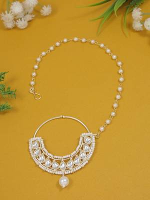 Traditional Ethnic Bridal Nose Ring/Nath Without Piercing with Pearl Chain Encased with Pearl Stone 1
