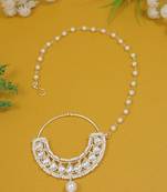 Traditional Ethnic Bridal Nose Ring/Nath Without Piercing with Pearl Chain Encased with Pearl Stone