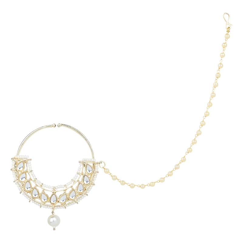 Traditional Ethnic Bridal Nose Ring/Nath Without Piercing with Pearl Chain Encased with Pearl Stone