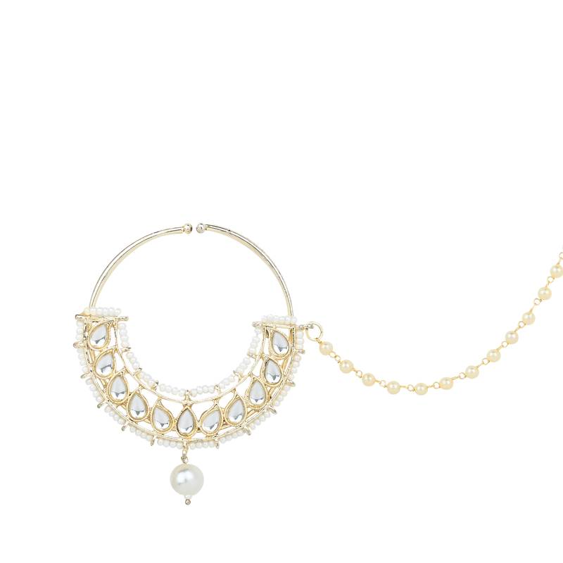 Traditional Ethnic Bridal Nose Ring/Nath Without Piercing with Pearl Chain Encased with Pearl Stone