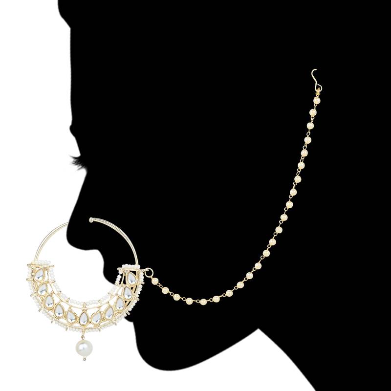 Traditional Ethnic Bridal Nose Ring/Nath Without Piercing with Pearl Chain Encased with Pearl Stone
