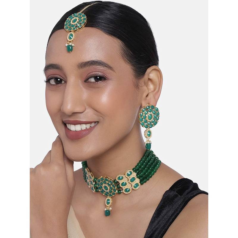 Traditional Pearl Choker Necklace Jewellery Set with Earrings & Maang Tikka Set for Women