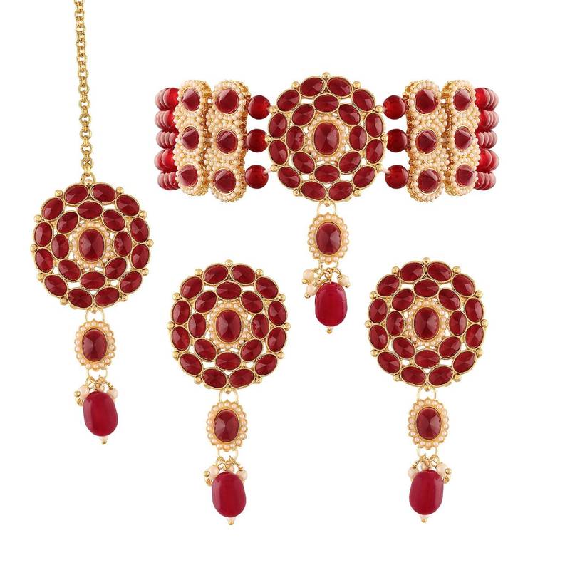 Traditional Pearl Choker Necklace Jewellery Set with Earrings & Maang Tikka Set for Women