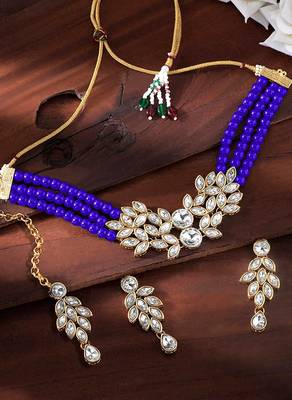 Gold Plated Traditional Kundan Stone Studded Pearl Choker Necklace Set For Women  1