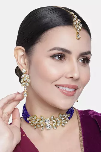 Gold Plated Traditional Kundan Stone Studded Pearl Choker Necklace Set For Women 