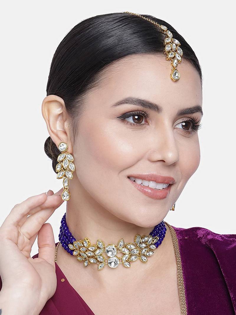 Gold Plated Traditional Kundan Stone Studded Pearl Choker Necklace Set For Women 