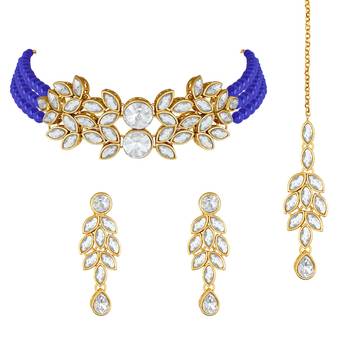 Gold Plated Traditional Kundan Stone Studded Pearl Choker Necklace Set For Women  3