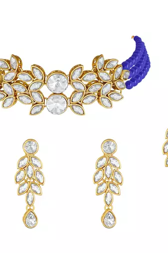 Gold Plated Traditional Kundan Stone Studded Pearl Choker Necklace Set For Women 
