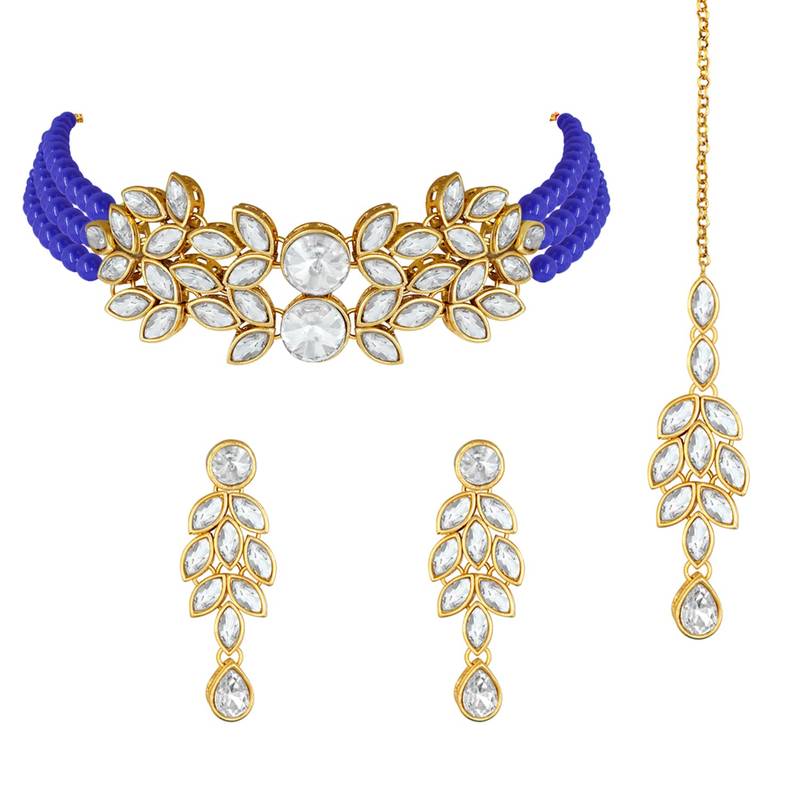 Gold Plated Traditional Kundan Stone Studded Pearl Choker Necklace Set For Women 