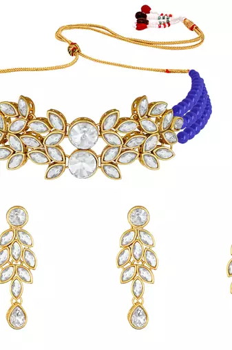 Gold Plated Traditional Kundan Stone Studded Pearl Choker Necklace Set For Women 