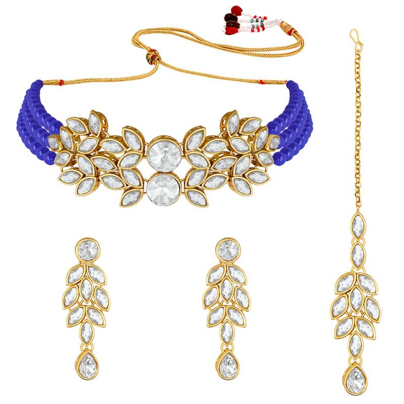 Gold Plated Traditional Kundan Stone Studded Pearl Choker Necklace Set For Women 