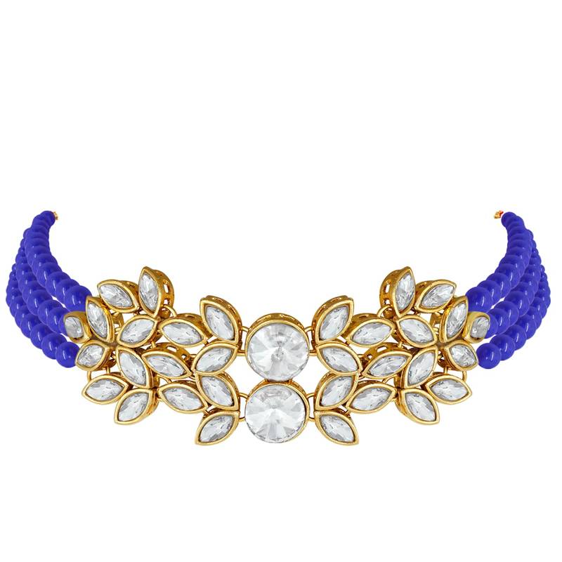 Gold Plated Traditional Kundan Stone Studded Pearl Choker Necklace Set For Women 