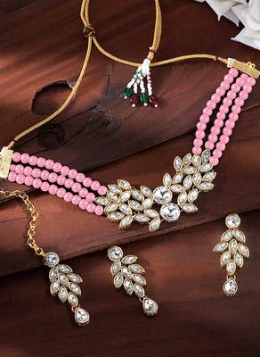 Traditional Stone Studded Pearl Choker Necklace Set For Women  1