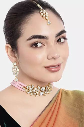 Traditional Stone Studded Pearl Choker Necklace Set For Women 