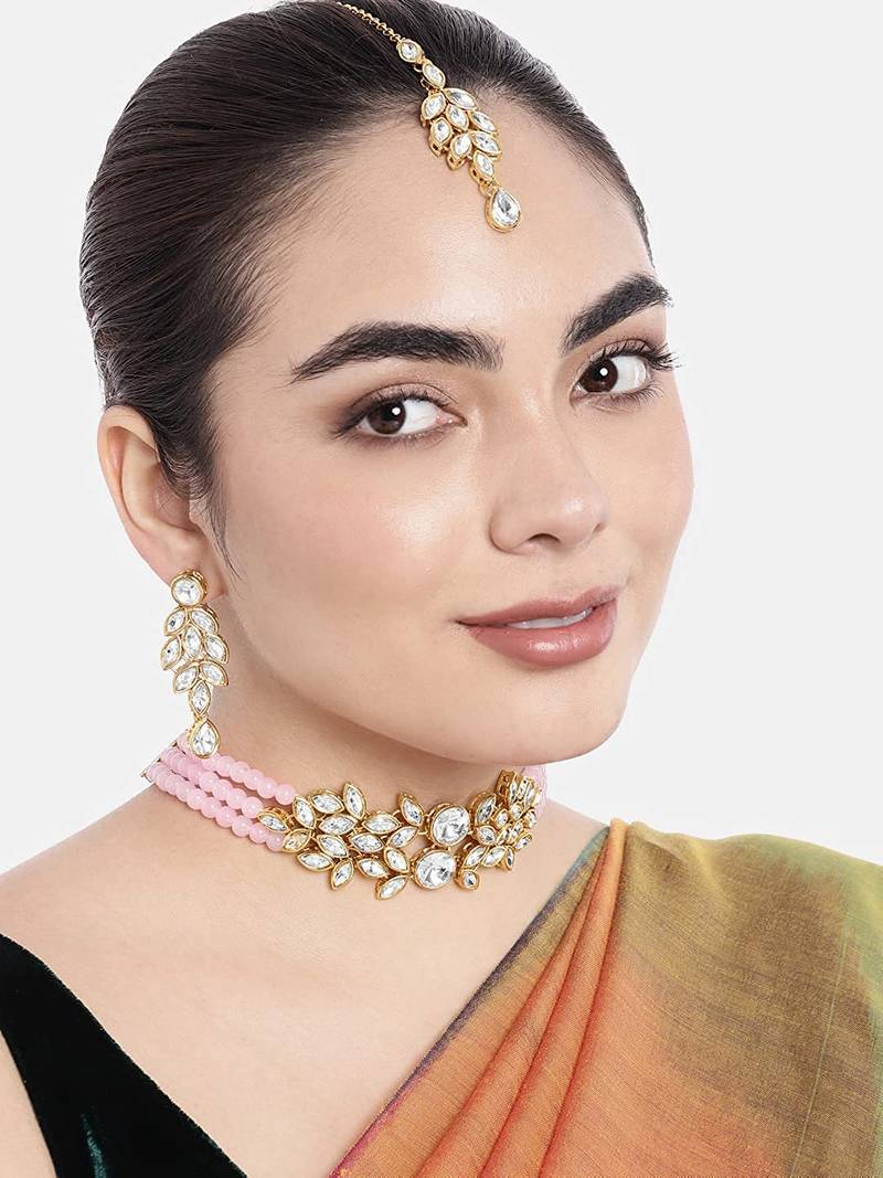 Traditional Stone Studded Pearl Choker Necklace Set For Women 