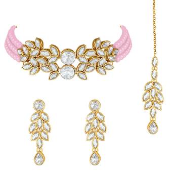 Traditional Stone Studded Pearl Choker Necklace Set For Women  3
