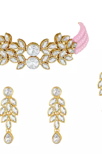 Traditional Stone Studded Pearl Choker Necklace Set For Women 