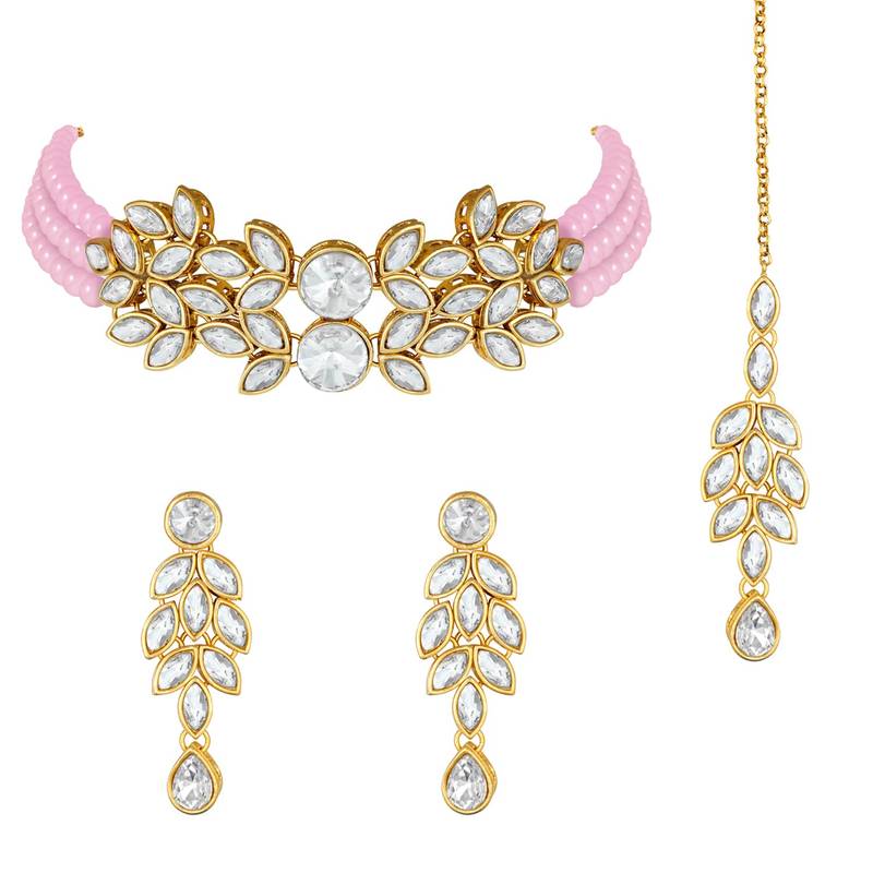 Traditional Stone Studded Pearl Choker Necklace Set For Women 