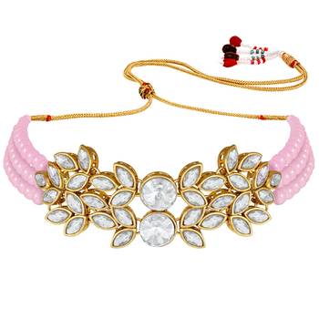 Traditional Stone Studded Pearl Choker Necklace Set For Women  4