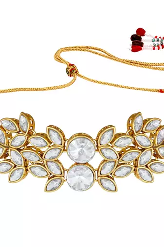 Traditional Stone Studded Pearl Choker Necklace Set For Women 