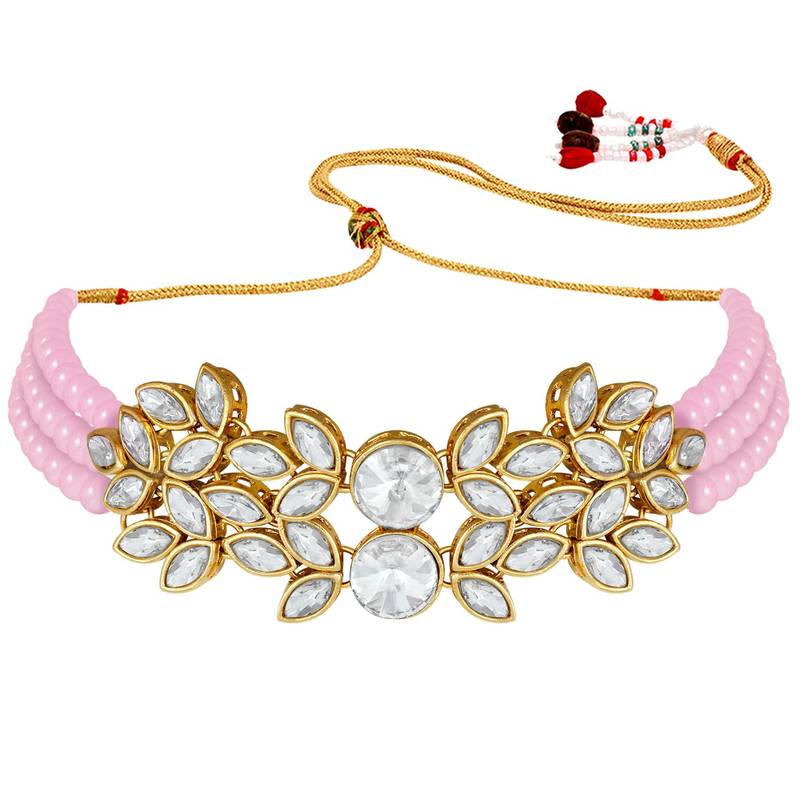 Traditional Stone Studded Pearl Choker Necklace Set For Women 